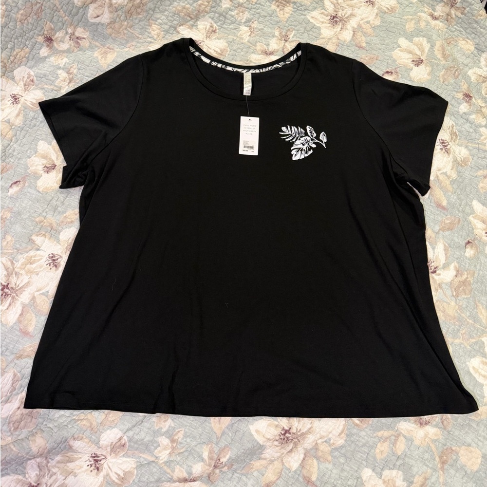 Cacique Black Short Sleeve Top with Leaf Accent